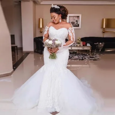 Customized Illusion Back Mermaid Wedding Dress 2026 Africa New Lace Appliques Crystal Beaded Quality Bride Dresses