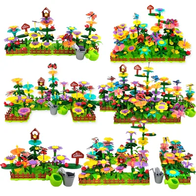 KSF Building Block Set Flowers Stacking Toddler Educational Learning Toys Game DIY Construction Flower Garden Building ABS Toys
