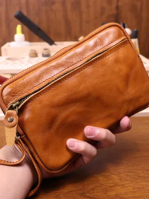 Vintage Top-grain Cowhide Logo Embellished Wear-Resisting Clutch Bag for Women Featuring Retro Mobile Phone Cases