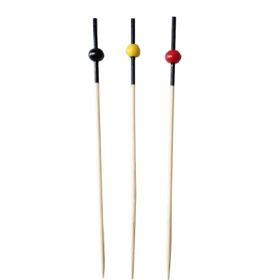 Factory Creative Disposable Bamboo Fruit Stick Toothpicks 100pcs/Pack in Black with Yellow Red Green Balls Wholesale