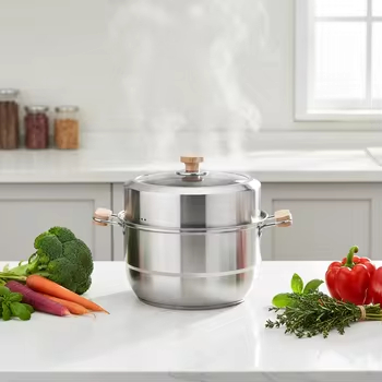Wholesale 2 Layers Cooking Pot 304 Stainless Steel Dumplings Seafood Rice Cooking Steamer Pot with Wooden Handle