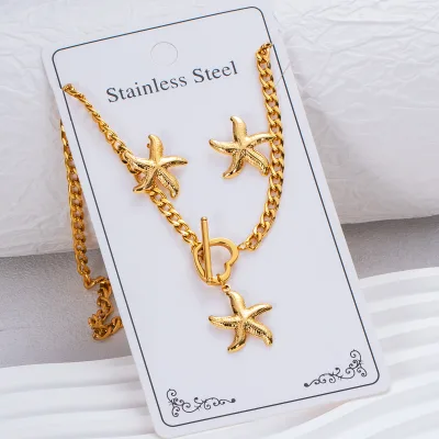 Waterproof Anti-tarnish Stainless Steel Starfish Pendant Necklace Earring Set Cuban Chain Jewelry Set for Ladies Wholesale