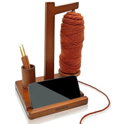 Large Size Wooden Yarn Ball Dispenser Spinner Magnetic Turntable Tools with Needles, Phone Holder for Crocheting and Knitting