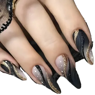 Reusable Black ABS Press Nails Long Medium Almond Fingernails Set Matte False Nails Pre-Designed French Tips