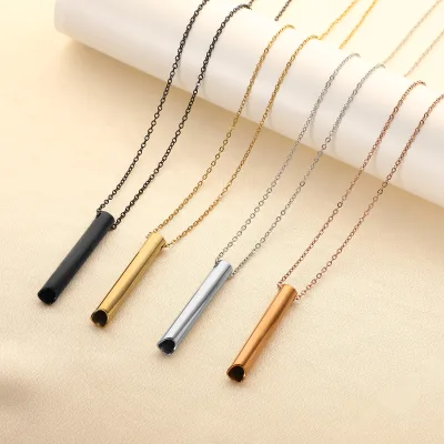 Stainless Steel Hollow Tube Bar Pendant Necklace Black Silver Rose Gold Minimalist Cylinder Chain Necklace Women Men Jewelry