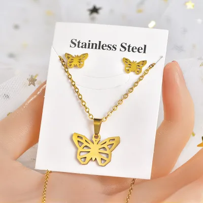Simple Animal Butterfly Earring Necklace Hollow Heart Snow Flower Necklace Earring Stainless Steel Jewelry