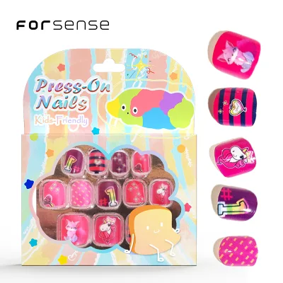 luxury cute unicorn design children press on nail art short hot pink kids false nails zebra stripe dark purple colored nail tips