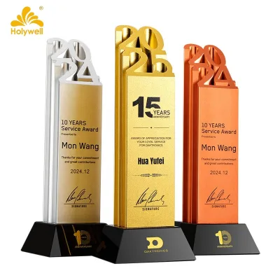 2026 Hot Sale Metal Trophy Award UV Printed Logo Gold Silver Copper Plated Corporate Service Anniversary Recognition Souvenir
