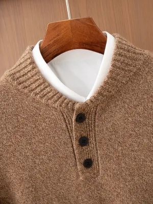 Winter Men's Half-Turtleneck 100% Pure Cashmere Pullover Sweater with Buttons Loose-Fitting Knit