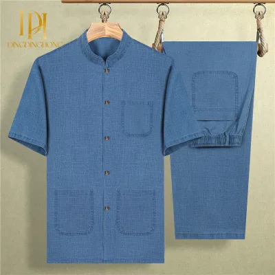 Chinese Style Cotton Linen Men's Short-Sleeved Summer Tunic Suits Han Dynasty Tang Dynasty Inspired for Dad Grandfathers Elderly
