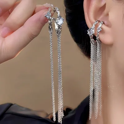 Stylish High Quality Double Fringe Long Ear Hanging Design Cuff Earrings Diamond-Encrusted Ear Bone Clips Cilp-On Earrings
