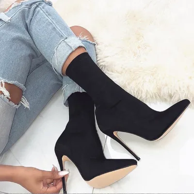 Wholesale Stretch Fabric Women Sandals Shoes High Heel Pointed Toe Ankle Boots Women Short Boots