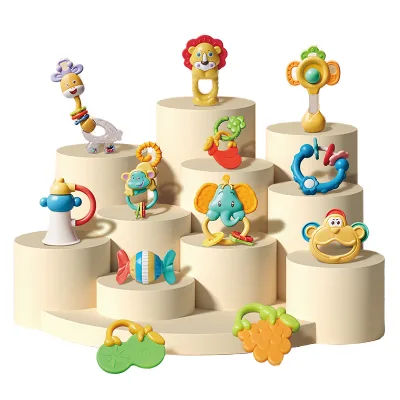 New Born Gift Set Infant Soft Toy Teether Hand Shake Bell Baby Rattle with Storage Box 12 PCS Plastic Colorful EN71 Certified