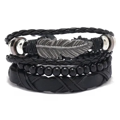 Multilayer Vintage Braided Life Tree Bead Set Leather Bracelet Men Handmade Rope Wrap Bracelets & Bangles DIY Three-Piece Set