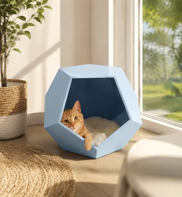 2 in 1 Geometric Cat House Side Table With Cushion Pre Assembled Grained Paint Cat Bed End Table
