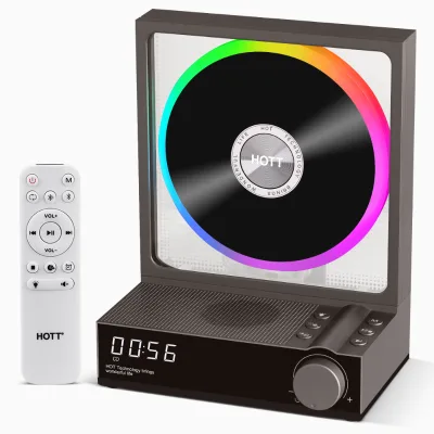 HOTT Portable Desktop CD Player with Speakers & Bass Vibration Diaphragm Model C229A Titanium Gray/White