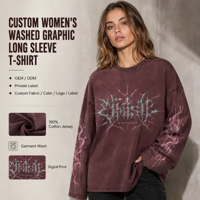 Wholesale Womens Long Sleeve T Shirt Cotton Jersey Garment Washed Digital Print Drop Shoulder Casual Streetwear T Shirt