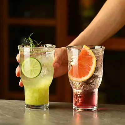 Vertical Striped Clear Glass Tumbler Curved Waist Design Drinking Glass Cup for Juice Cocktail Mojito Summer Beverage Glassware