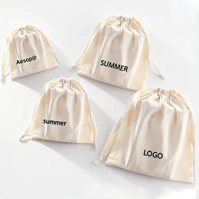 Custom Logo Organic Cotton Drawstring Bag Wholesale Bulk Cosmetic Bag in Any Size Color Gift Jewelry Promotional Use Stickers