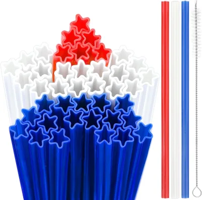 60PCS Red White Blue Star Straws Reusable Plastic Drinking Straws for Beverage Milkshake Cocktail