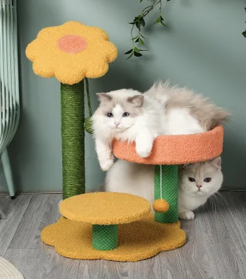 Cute Sunflower Cat Tree Cat Tower With Tunnel Jumping Platform Scratching Post for Climbing Play Resting