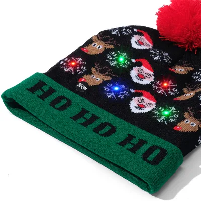 Wholesale Christmas Halloween Flanging Ball Knitted Hat with LED Colorful Lights Adult Children Party Decorative Hat