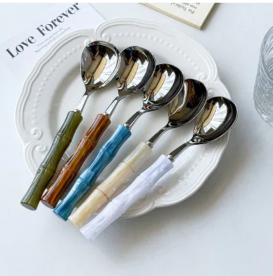 Stainless Steel Spoon With Bamboo Design Handle Colorful 5 Colors Dessert Coffee Tea Spoon Gift Kitchen Home Cafe Table