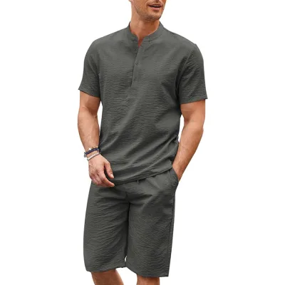 Men's 2 Pieces Linen Set Casual Henley Shirts Short Sleeve Beach Yoga Shorts Summer Pants Outfits