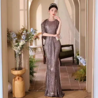 S0118A 2025 Elegant  Mermaid Off-Shoulder Long Dress Luxury French Style Sequins New Breathable Party Evening Dress