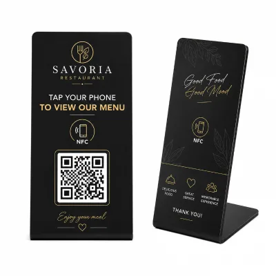 Custom NFC Restaurant Menu Stand Black UV Printed PVC Table Display with QR Code Digital Menu Sign