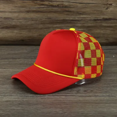 Custom Red and Yellow Rope Foam Checkered Printed Mesh Back Snapback Trucker Hats with Checkered Mesh Back