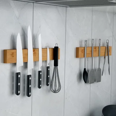 Wholesale Custom-Made Magnetic Knife Holder Bamboo Kitchen Wall-Mounted Suction Rack Punch-Free Knife Storage Blocks Roll Bags