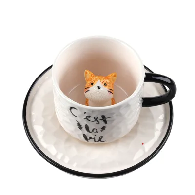 Wholesale Custom Cartoon Kitty White 3D Cute Porcelain Latte Espresso Coffee Mug Saucers Set Tray Microwave Dishwasher Safe