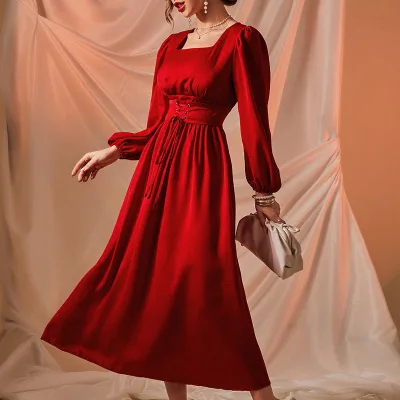 Autumn High Quality Elegant Evening Dress Square Neck  Lace up Front  Dress