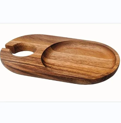 High Quality Solid Wood Wine Appetizer Plates Acacia Cheese Board Cocktail Plates with Glass Holder