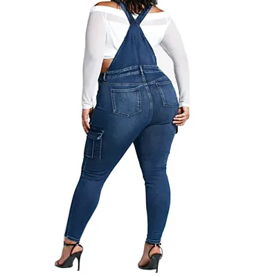 China Factory Custom Women's Snow Blue Wash Denim Cargo Overalls Suspender Trousers Jeans for Women
