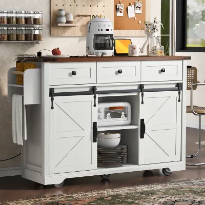 54"W Kitchen Island with Power Ports and Drop Leaf Mobile Design with Enhanced Stability Kitchen Island