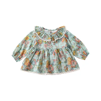 2025 Girls' Floral Baby Doll Tops Long-Sleeved Children's Shirt Skirts for Fall Casual Style Made From Worsted Fabric