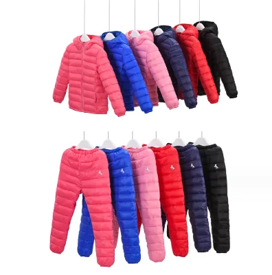 Wholesale Children's Lightweight Down Cotton Hooded Warm Jacket and Pants 2-piece Set