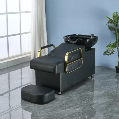 Contemporary Salon Shampoo Chair Set Adjustable Backrest Black Basin B2B for Industrial - Style Salons