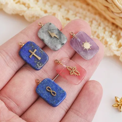 5pcs Flat Teardrop Quartz Gemstone Pendant Inlaid Gold Cross Sun Moon Charms for Jewelry Making DIY Crystal Wholesale