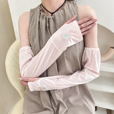 Romance White Light Orange Blue Cherry Flower Embroidery Thin Sun UV Protection Drive Outdoor Activities Farm Garden Arm Sleeves