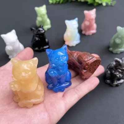 6cm Natural Crystal Lucky Cat Carved Rose Quartz Obsidian Crystal Cat for Home Ornament
