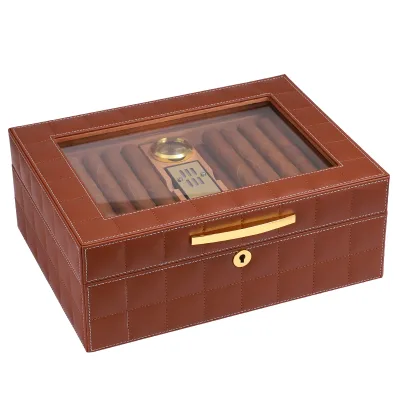 Brown Luxury 50 Cigars Handmade Desktop Leather Cigar Wooden Humidor Box OEM Custom Logo Cabinet With Hygrometer Humidifier