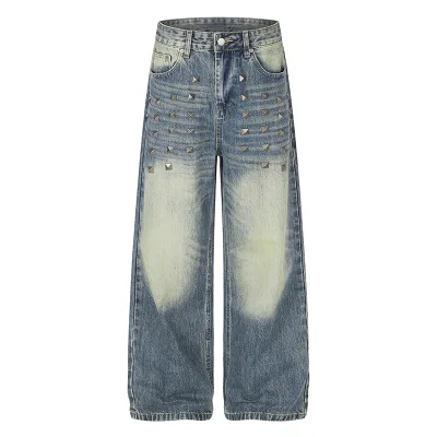 Pyramid Studs Studded Baggy Wide Leg Jeans Men Distressed Denim Pants Blue Medium Wash Streetwear Vintage Men's Denim Trousers