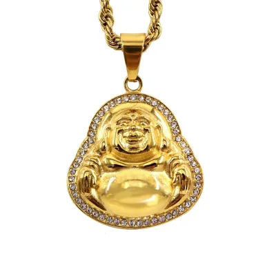 Wholesale 18K Gold Plated Hip Hop Stainless Steel Buddha Jewelry Religious CZ Micro Pave Maitreya Buddha Necklace Pendant