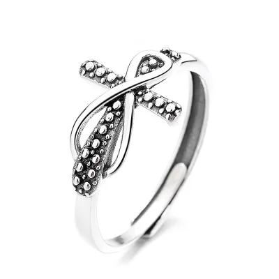 Silver Retro Distressed Pattern 8-Shaped Cross Open Ring Trendy Punk Style Christian Religious Inlay Classic Ring