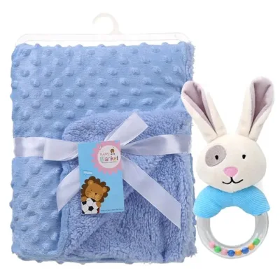 Cheap Custom Name Baby Blanket Blank 100% Soft Plush Cotton Children Baby Blankets with Rattle Toy Set