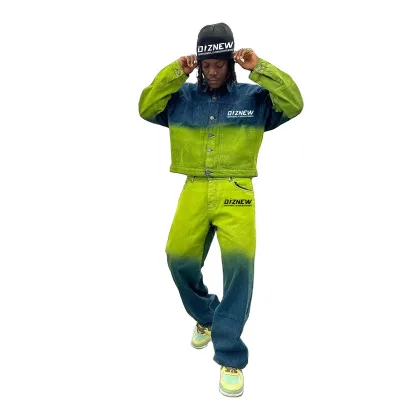 DiZNEW OEM Service Men's Clothing Fashion Tie-dye Cotton 2 Piece Set 2023 Oversized Jeans and Jackets Custom Printed