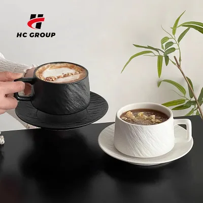 Nordic Simple Cappuccino Coffee Mug Saucer Set Various Styles Stone Grain Latte Ceramic Cups